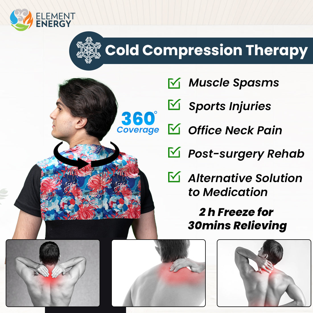 Cervical issues, Trapezitis, Rotator cuff injuries, Neck fatique, Tendonitis, Bursitis, Muscle spasms, Frozen shoulder, Fracture, Dislocation, Impingement syndrome, Sore muscles, Post workout, Fibromyalgia., gelpack, heatpack, coldpack, pain relief